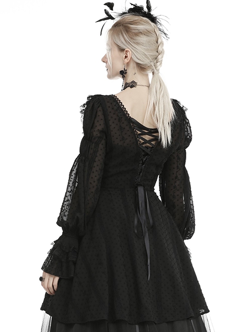 Gothic Style V Neck Delicate Lace Frill Thin Mesh Back Hollow Lace Elegant Black Chiffon Long Sleeves Coat