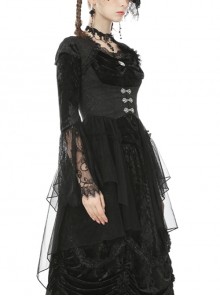 Gothic Style Retro Palace Metal Buckle Layered Mesh Hem Elegant Black Sleeveless Fishtail Corset Overwear