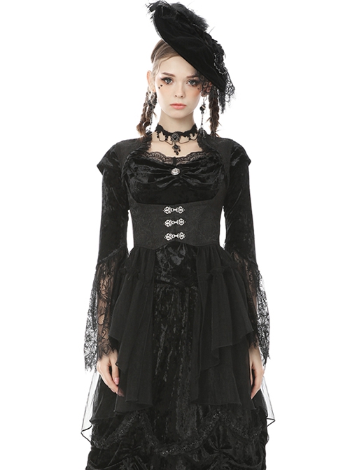 Gothic Style Retro Palace Metal Buckle Layered Mesh Hem Elegant Black Sleeveless Fishtail Corset Overwear