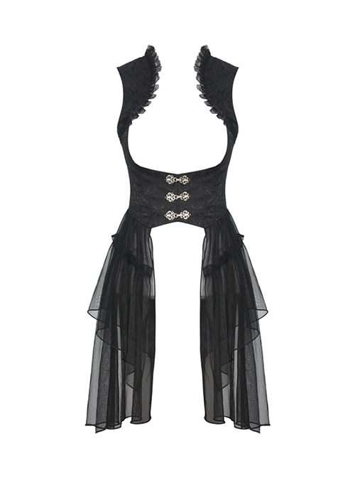 Gothic Style Retro Palace Metal Buckle Layered Mesh Hem Elegant Black Sleeveless Fishtail Corset Overwear
