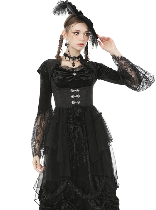 Gothic Style Retro Palace Metal Buckle Layered Mesh Hem Elegant Black Sleeveless Fishtail Corset Overwear