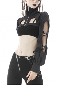 Punk Style Cool High Collar Locomotive Rebellious Hollow Black Ultra Short Lantern Sleeve Cape Jacket