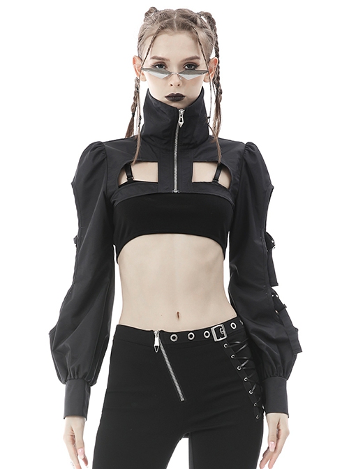 Punk Style Cool High Collar Locomotive Rebellious Hollow Black Ultra Short Lantern Sleeve Cape Jacket