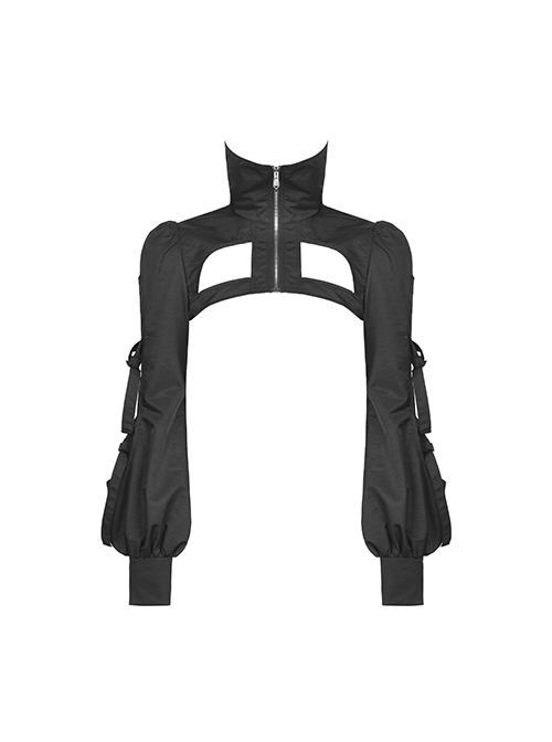 Punk Style Cool High Collar Locomotive Rebellious Hollow Black Ultra Short Lantern Sleeve Cape Jacket