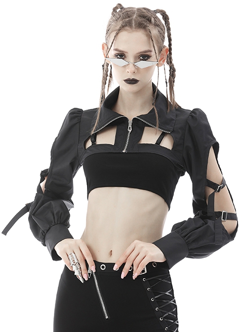 Punk Style Cool High Collar Locomotive Rebellious Hollow Black Ultra Short Lantern Sleeve Cape Jacket