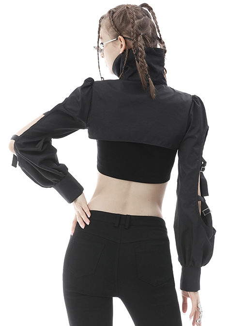 Punk Style Cool High Collar Locomotive Rebellious Hollow Black Ultra Short Lantern Sleeve Cape Jacket