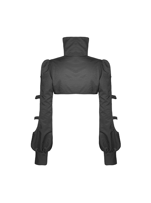 Punk Style Cool High Collar Locomotive Rebellious Hollow Black Ultra Short Lantern Sleeve Cape Jacket