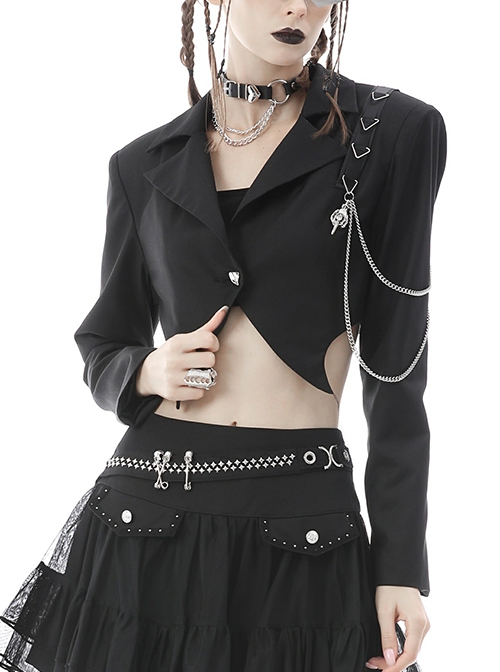 Gothic Style Simple Lapel Bat Hem Metal Chain Decoration Black Long Sleeves Short Suit Jacket