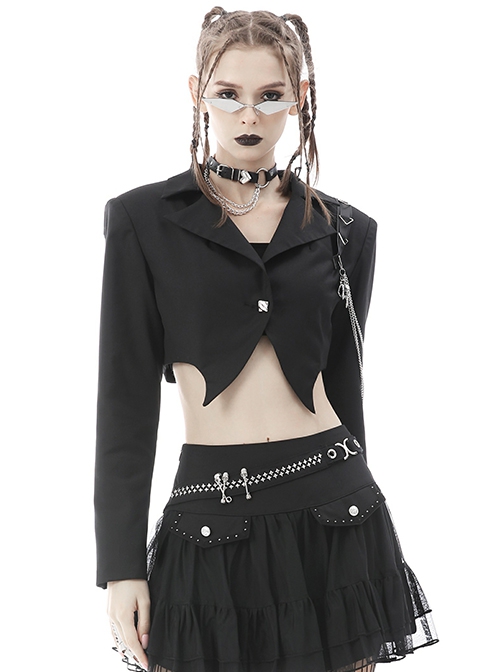 Gothic Style Simple Lapel Bat Hem Metal Chain Decoration Black Long Sleeves Short Suit Jacket