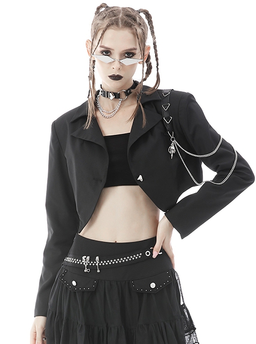 Gothic Style Simple Lapel Bat Hem Metal Chain Decoration Black Long Sleeves Short Suit Jacket