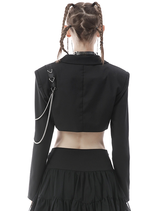 Gothic Style Simple Lapel Bat Hem Metal Chain Decoration Black Long Sleeves Short Suit Jacket