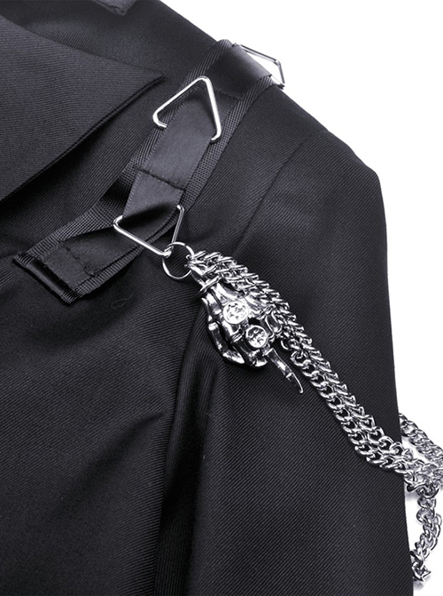 Gothic Style Simple Lapel Bat Hem Metal Chain Decoration Black Long Sleeves Short Suit Jacket