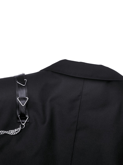 Gothic Style Simple Lapel Bat Hem Metal Chain Decoration Black Long Sleeves Short Suit Jacket