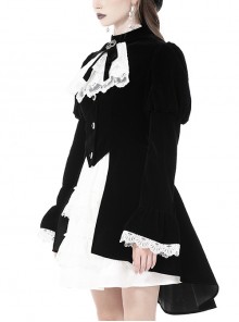Gothic Style Elegant Stand Collar Luxury Velvet White Lace Bow Tie Black Retro Puff Sleeves Jacket