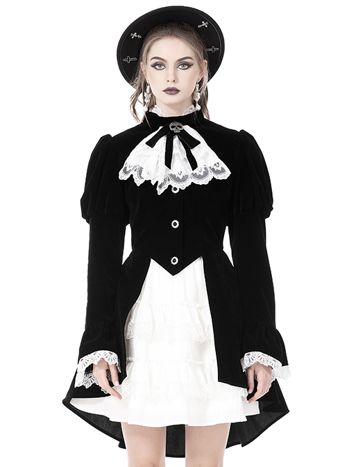 Gothic Style Elegant Stand Collar Luxury Velvet White Lace Bow Tie Black Retro Puff Sleeves Jacket