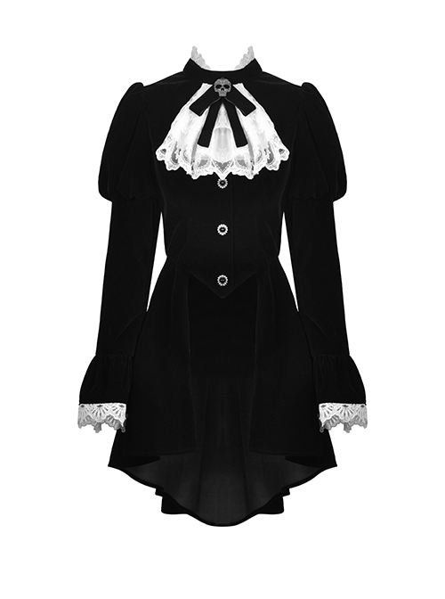 Gothic Style Elegant Stand Collar Luxury Velvet White Lace Bow Tie Black Retro Puff Sleeves Jacket