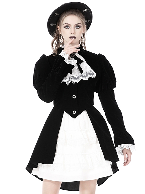 Gothic Style Elegant Stand Collar Luxury Velvet White Lace Bow Tie Black Retro Puff Sleeves Jacket