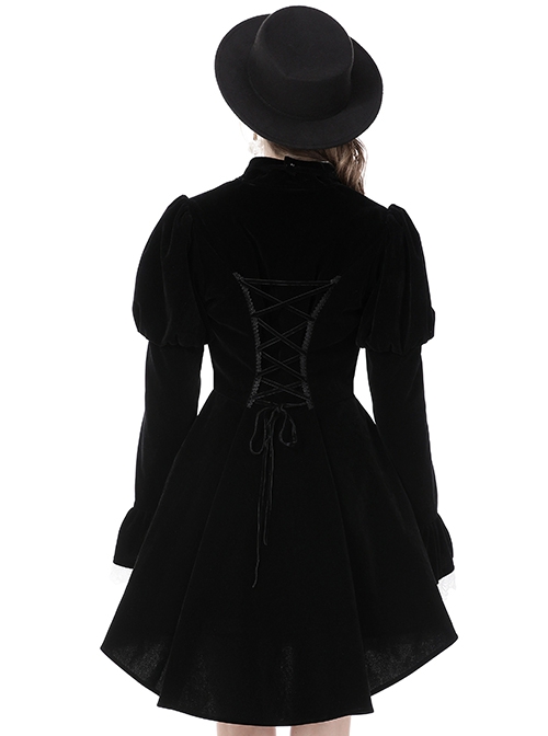 Gothic Style Elegant Stand Collar Luxury Velvet White Lace Bow Tie Black Retro Puff Sleeves Jacket