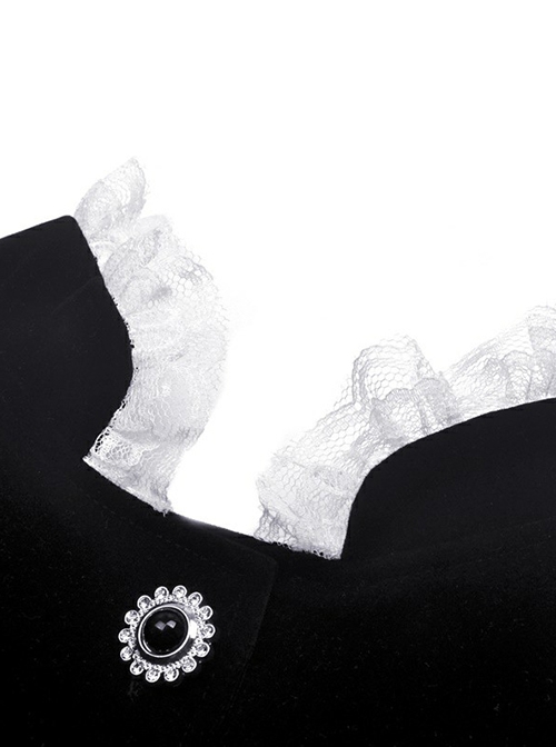 Gothic Style Elegant Stand Collar Luxury Velvet White Lace Bow Tie Black Retro Puff Sleeves Jacket