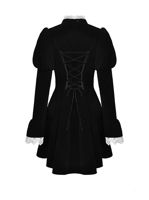 Gothic Style Elegant Stand Collar Luxury Velvet White Lace Bow Tie Black Retro Puff Sleeves Jacket