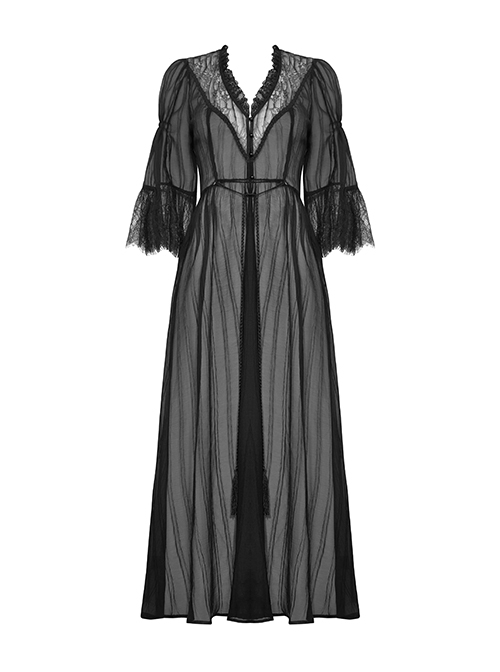 Gothic Style Sexy Mesh See Through Exquisite V Neck Lace Black Half Sleeves Long Coat