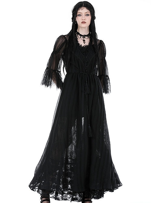 Gothic Style Sexy Mesh See Through Exquisite V Neck Lace Black Half Sleeves Long Coat