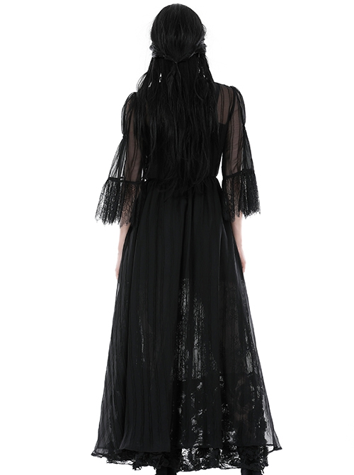 Gothic Style Sexy Mesh See Through Exquisite V Neck Lace Black Half Sleeves Long Coat