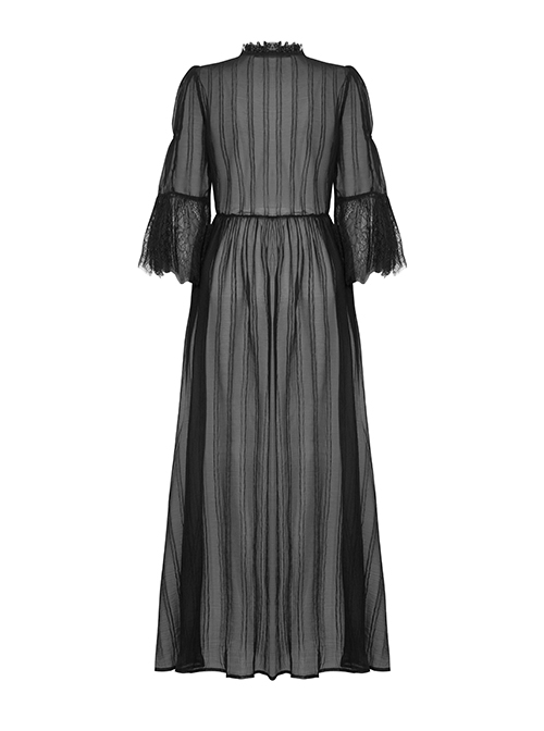 Gothic Style Sexy Mesh See Through Exquisite V Neck Lace Black Half Sleeves Long Coat