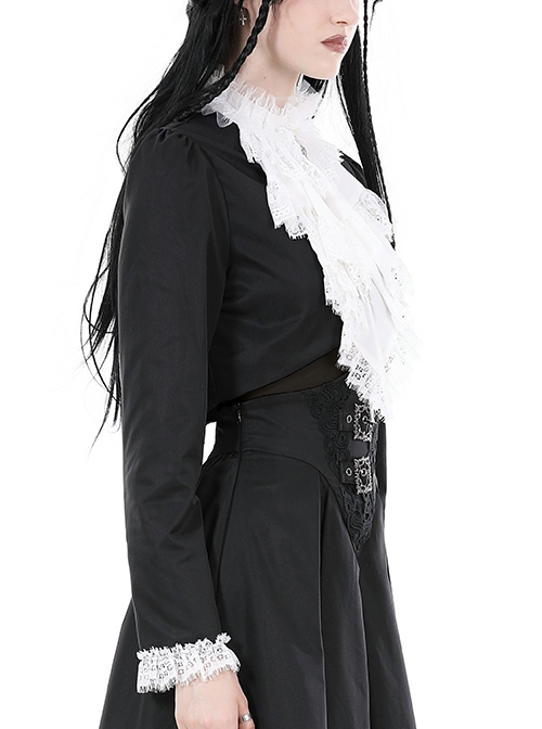 Gothic Style Retro Gorgeous White Ruffle Bow Tie Cross Decoration Elegant Black Long Sleeves Short Coat