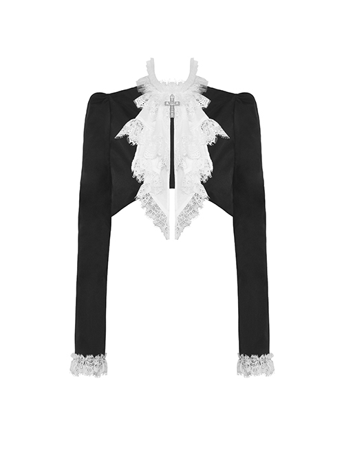 Gothic Style Retro Gorgeous White Ruffle Bow Tie Cross Decoration Elegant Black Long Sleeves Short Coat