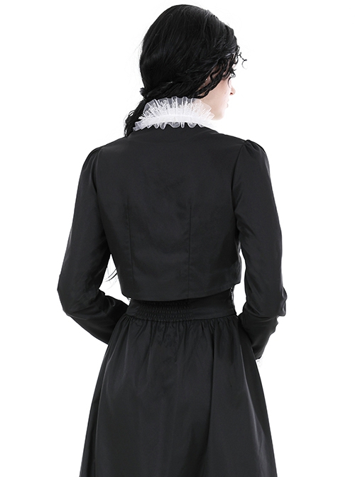 Gothic Style Retro Gorgeous White Ruffle Bow Tie Cross Decoration Elegant Black Long Sleeves Short Coat