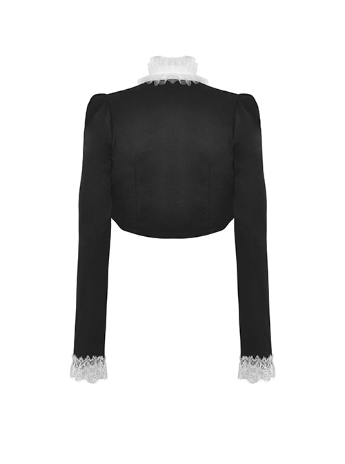 Gothic Style Retro Gorgeous White Ruffle Bow Tie Cross Decoration Elegant Black Long Sleeves Short Coat
