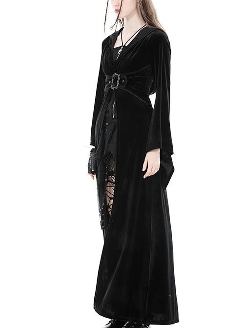 Gothic Style Gorgeous Velvet Exquisite Metal Buckle Noble Black Long Trumpet Sleeves Hooded Long Coat