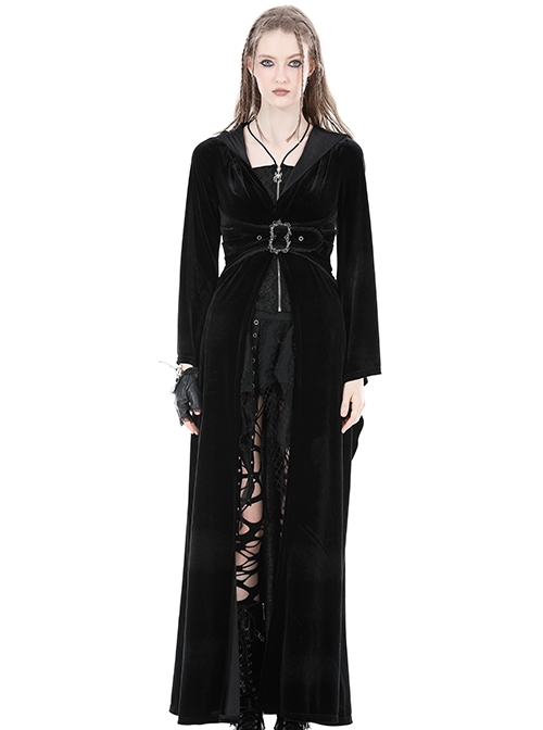 Gothic Style Gorgeous Velvet Exquisite Metal Buckle Noble Black Long Trumpet Sleeves Hooded Long Coat