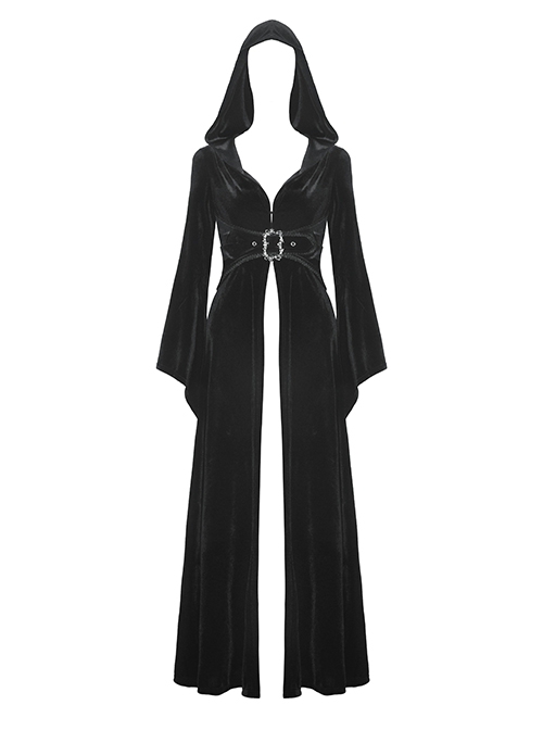 Gothic Style Gorgeous Velvet Exquisite Metal Buckle Noble Black Long Trumpet Sleeves Hooded Long Coat