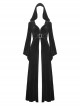 Gothic Style Gorgeous Velvet Exquisite Metal Buckle Noble Black Long Trumpet Sleeves Hooded Long Coat