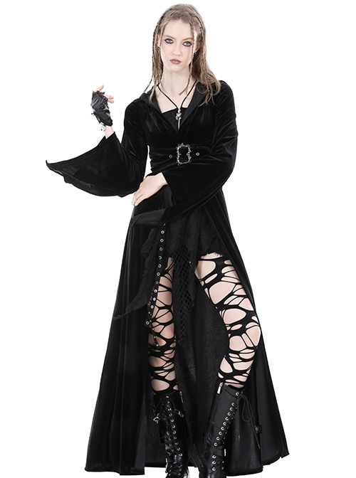 Gothic Style Gorgeous Velvet Exquisite Metal Buckle Noble Black Long Trumpet Sleeves Hooded Long Coat
