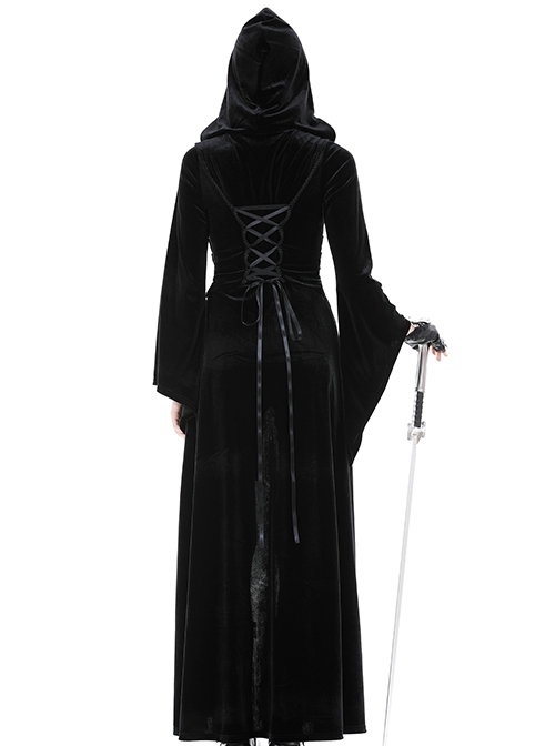 Gothic Style Gorgeous Velvet Exquisite Metal Buckle Noble Black Long Trumpet Sleeves Hooded Long Coat