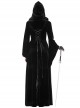 Gothic Style Gorgeous Velvet Exquisite Metal Buckle Noble Black Long Trumpet Sleeves Hooded Long Coat