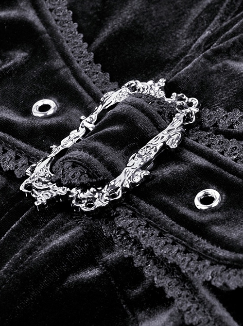Gothic Style Gorgeous Velvet Exquisite Metal Buckle Noble Black Long Trumpet Sleeves Hooded Long Coat