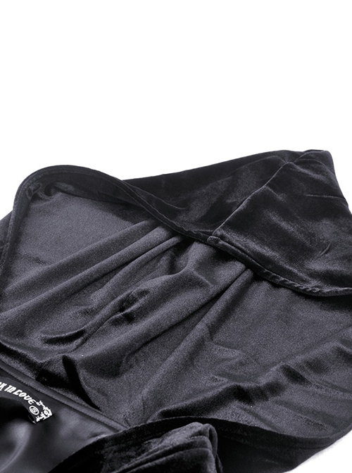 Gothic Style Gorgeous Velvet Exquisite Metal Buckle Noble Black Long Trumpet Sleeves Hooded Long Coat
