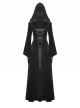 Gothic Style Gorgeous Velvet Exquisite Metal Buckle Noble Black Long Trumpet Sleeves Hooded Long Coat