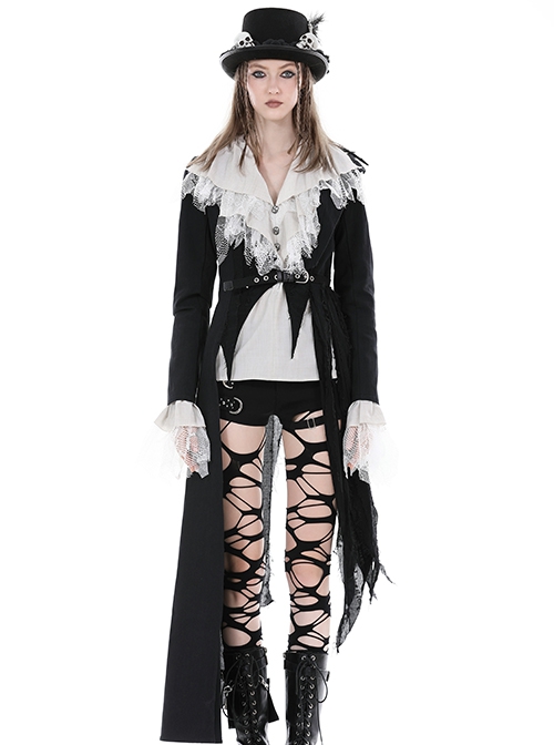 Punk Style Cool Large Lapel Leather Belt Metal Buckle Irregular Hem Design Black Long Sleeves Jacket