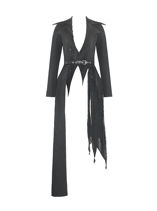 Punk Style Cool Large Lapel Leather Belt Metal Buckle Irregular Hem Design Black Long Sleeves Jacket