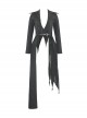 Punk Style Cool Large Lapel Leather Belt Metal Buckle Irregular Hem Design Black Long Sleeves Jacket