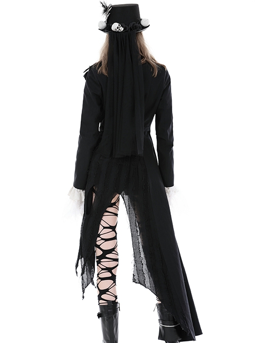Punk Style Cool Large Lapel Leather Belt Metal Buckle Irregular Hem Design Black Long Sleeves Jacket