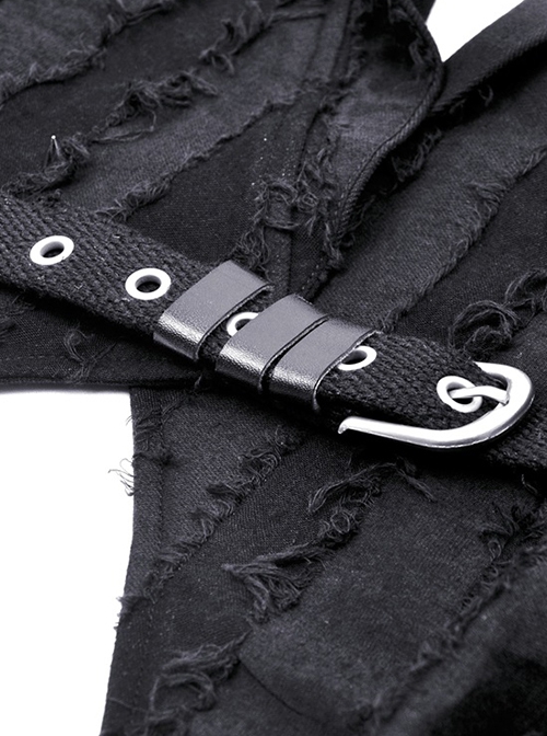 Punk Style Cool Large Lapel Leather Belt Metal Buckle Irregular Hem Design Black Long Sleeves Jacket