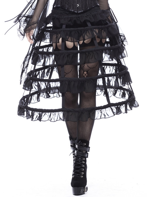Gothic Style Exquisite Ruffled Birdcage Four Layer Fishbone Black Petticoat