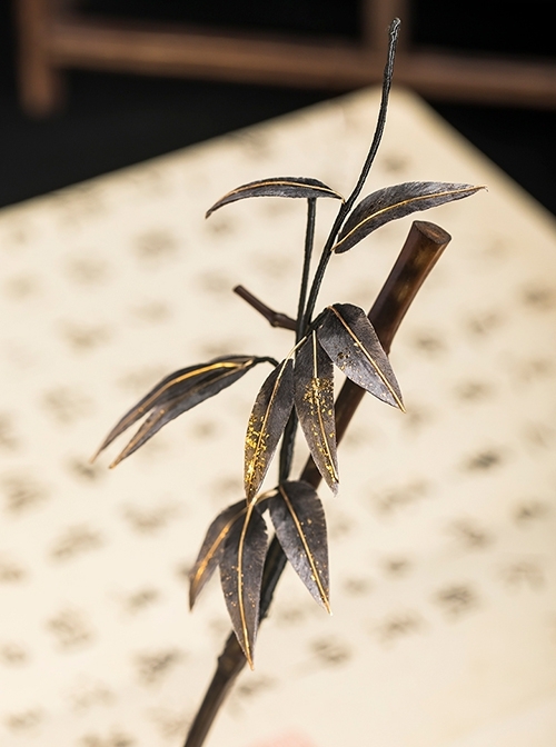 Black Golden Bamboo Leaves New Chinese Style Lolita Classic Elegant Simulated Velvet Flower Hairpin