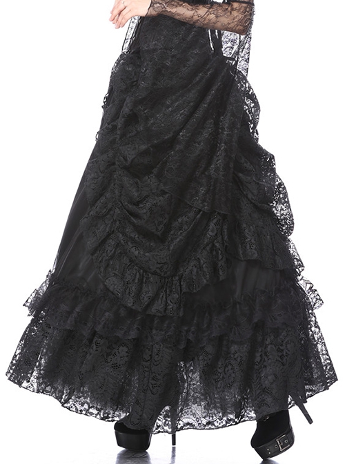 Gothic Style Elegant Palace Lace Curtain Exquisite Layered Ruffled Black Retro Long Skirt